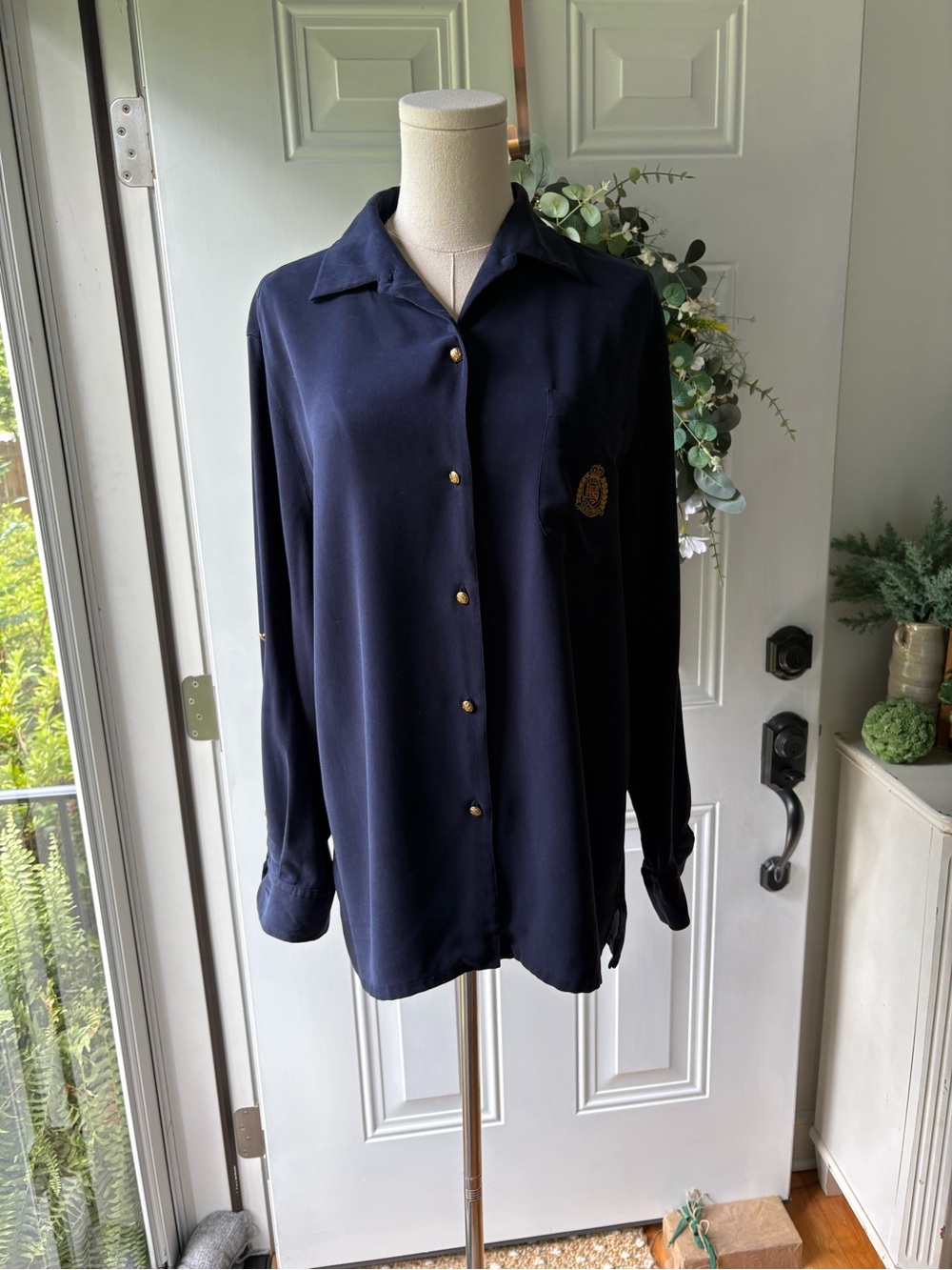 Ralph Lauren Vintage 90’s 100% Silk Navy Button-Up Blouse with Gold Crest